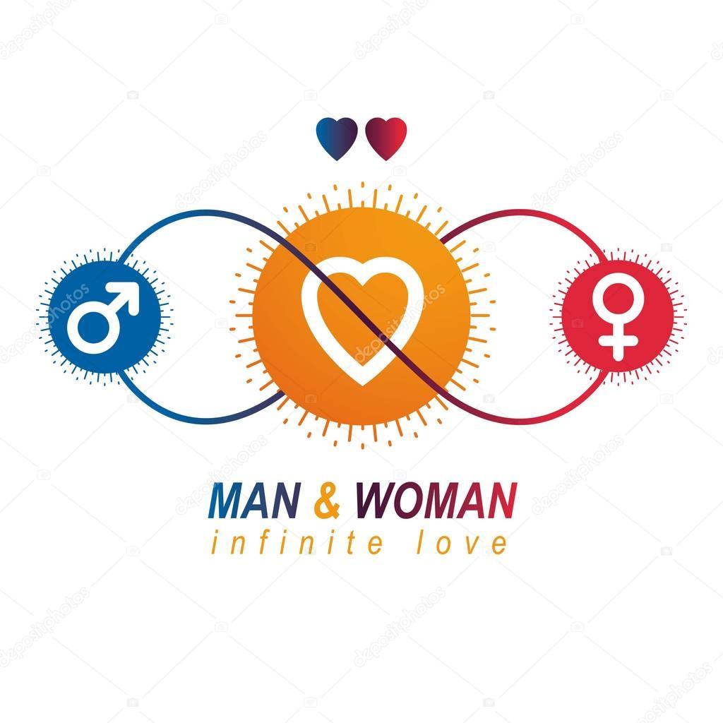 Love Couple conceptual logo, unique vector symbol. Male and Female, Mars and Venus signs. Interaction between loving people.