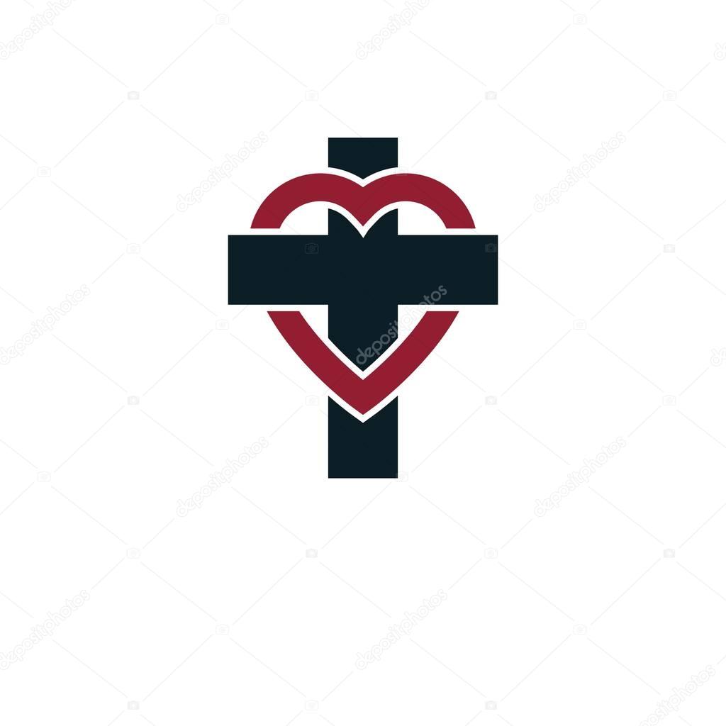 Love of God vector creative symbol design combined with Christian Cross and heart, vector logo or sign.