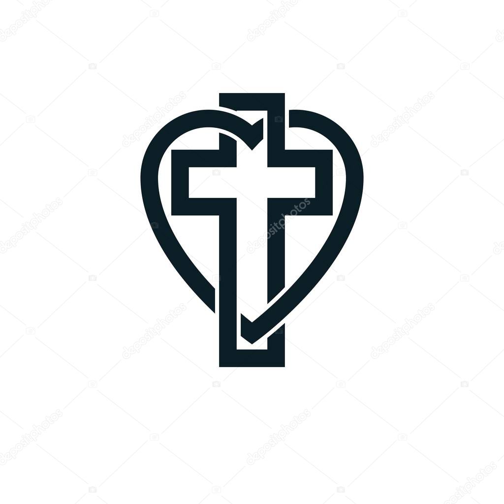 God Christian Love conceptual logo design combined with Christian Cross and heart, vector creative symbol.