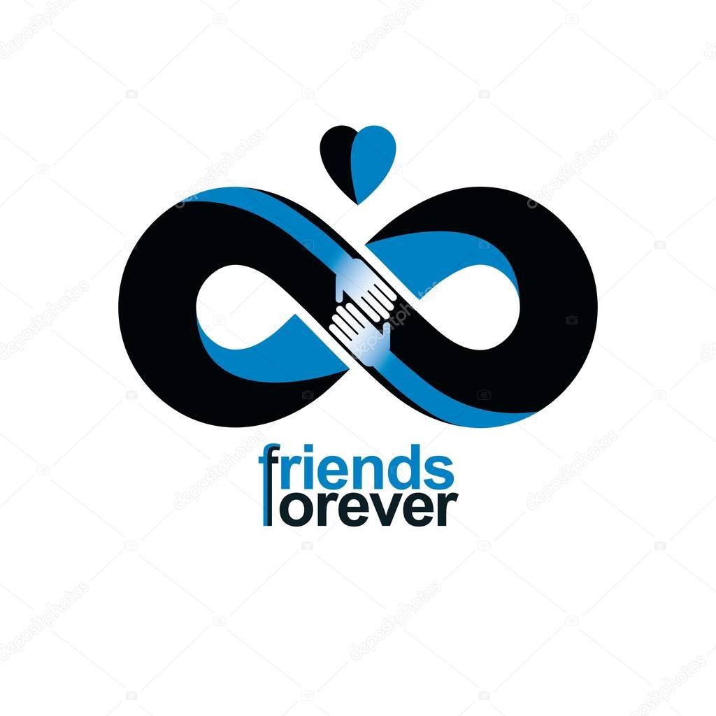 Infinite friendship, friends forever, special vector logo combined with two symbols of eternity loop and human hands.
