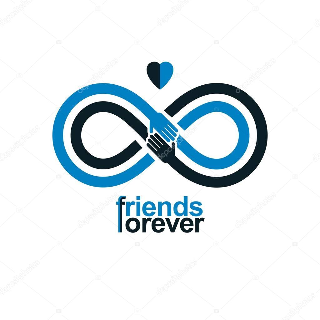 Infinity sign with two hands touching each other, infinite friendship concept, forever friends vector creative logo.