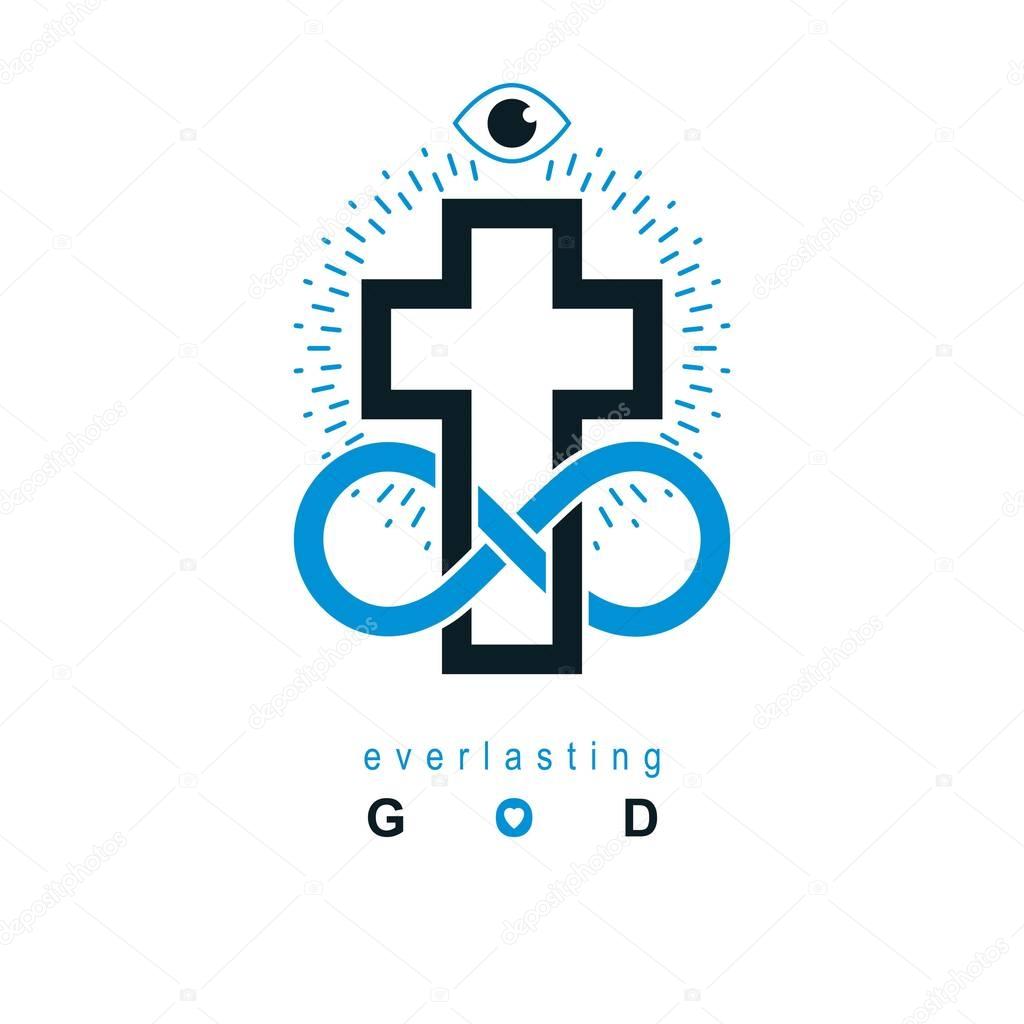 Immortal God conceptual symbol combined with infinity loop sign and Christian Cross, vector creative logo.