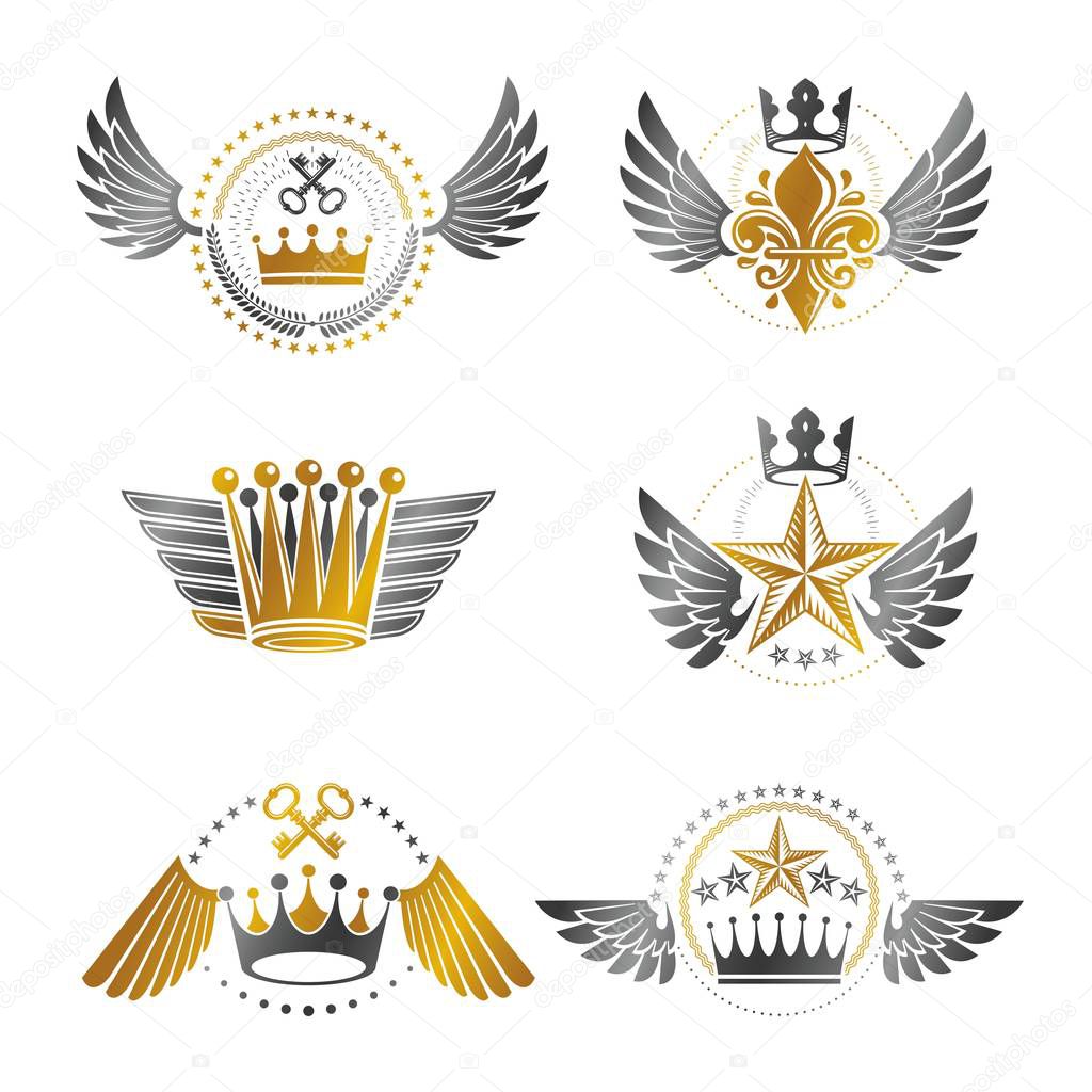 set of heraldic emblems with royal crowns