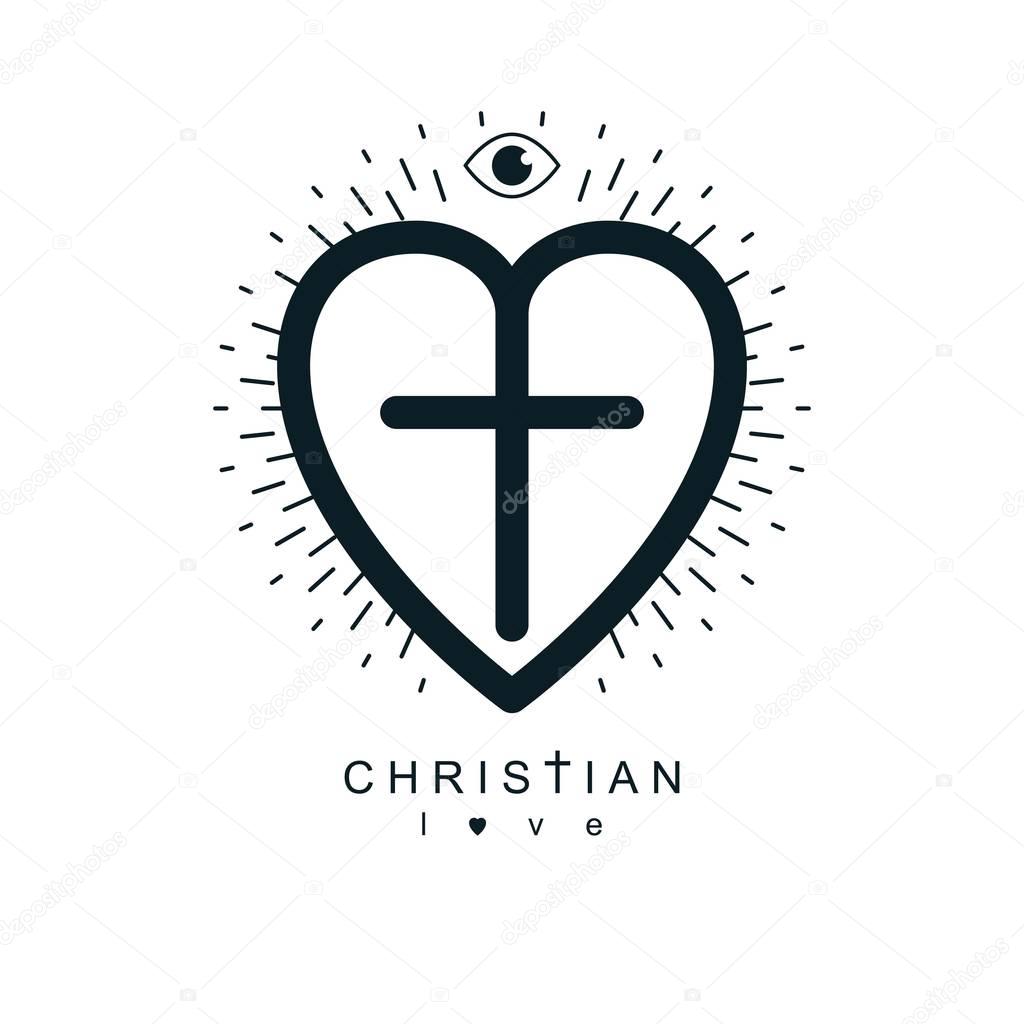 Love of God conceptual symbol combined with Christian Cross and heart, vector creative logo.