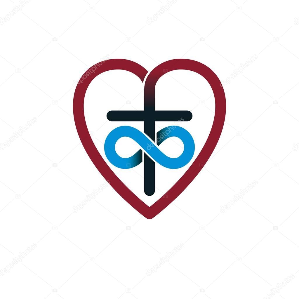 Immortal God Christian Love conceptual logo design combined with infinity loop sign and Christian Cross and heart, vector creative symbol.