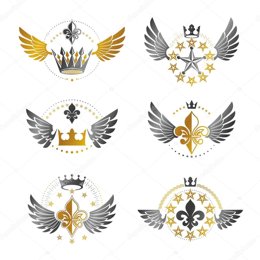 set of heraldic emblems with royal crowns