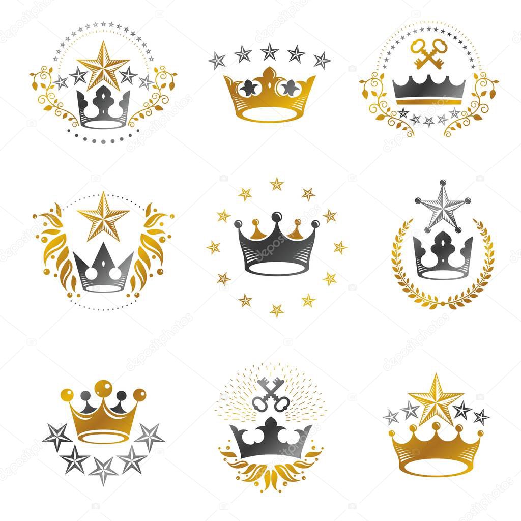 set of heraldic emblems with royal crowns