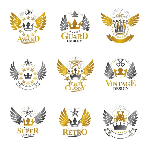 Heraldic decorative emblems with royal crowns — Stock Vector