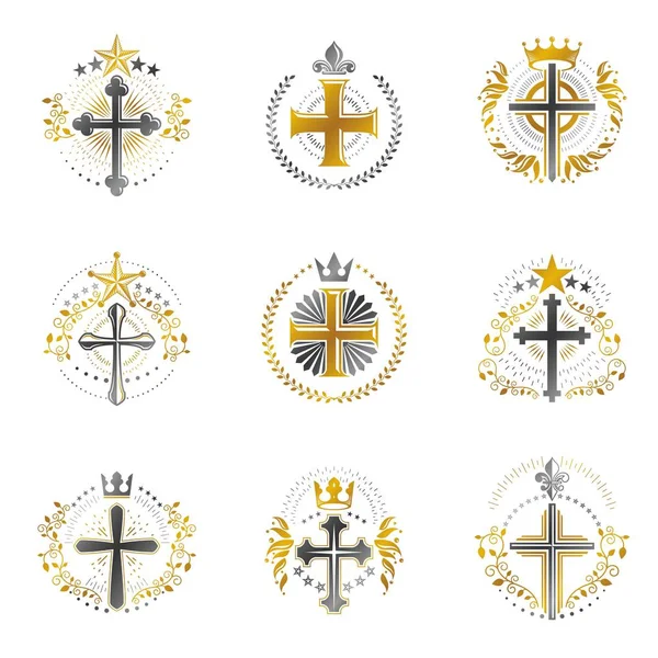 Cruzes emblemas religiosos conjunto — Vetor de Stock