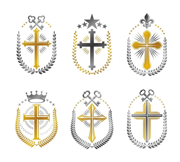 Ensemble d'emblèmes des croix chrétiennes — Image vectorielle