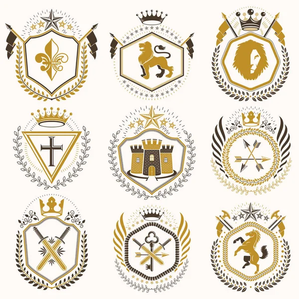 Collection of heraldic decorative coat of arms — Stock Vector