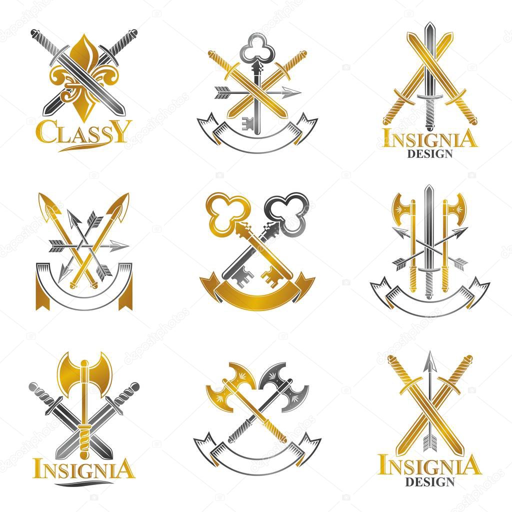 Vintage Weapon Emblems set. Heraldic signs vector vintage elements collection.