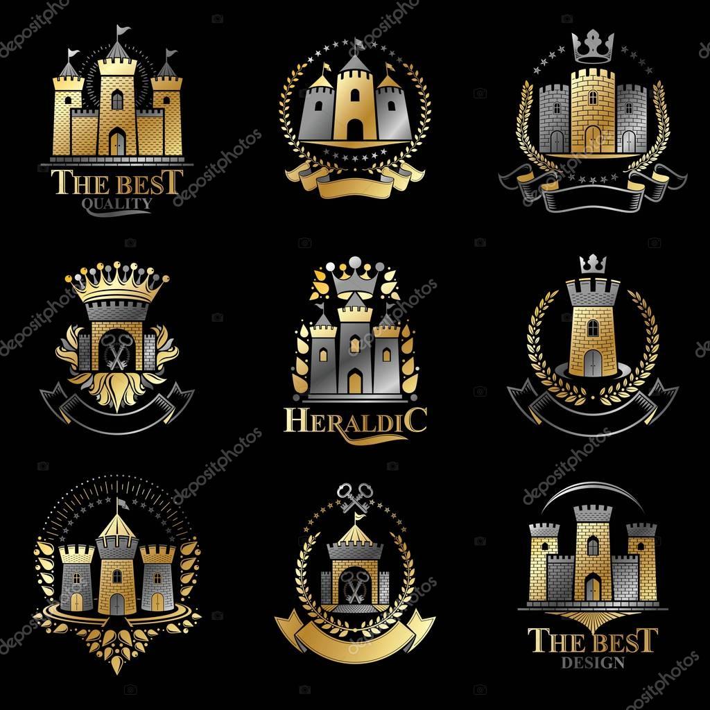 Ancient Castles emblems set, vector illustration