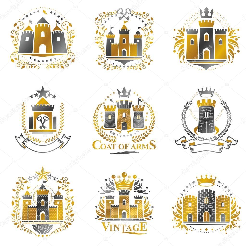 Ancient Citadels emblems set. Heraldic vector design elements collection. Retro style label, heraldry logo.