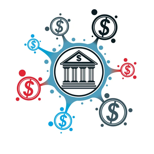 Ikon bangunan bank dan simbol dolar - Stok Vektor