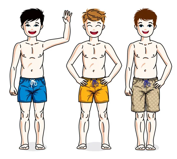 Adolescente chicos usando playa pantalones cortos — Vector de stock