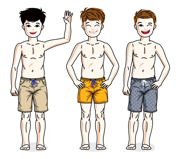 Adolescente chicos usando playa pantalones cortos — Vector de stock