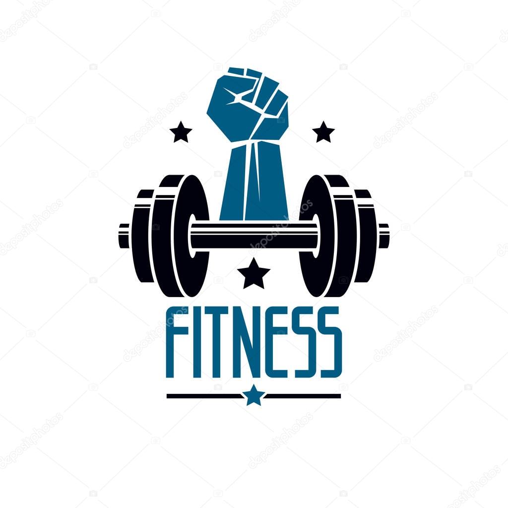 Sport club logotype template with barbell, vintage style vector emblem