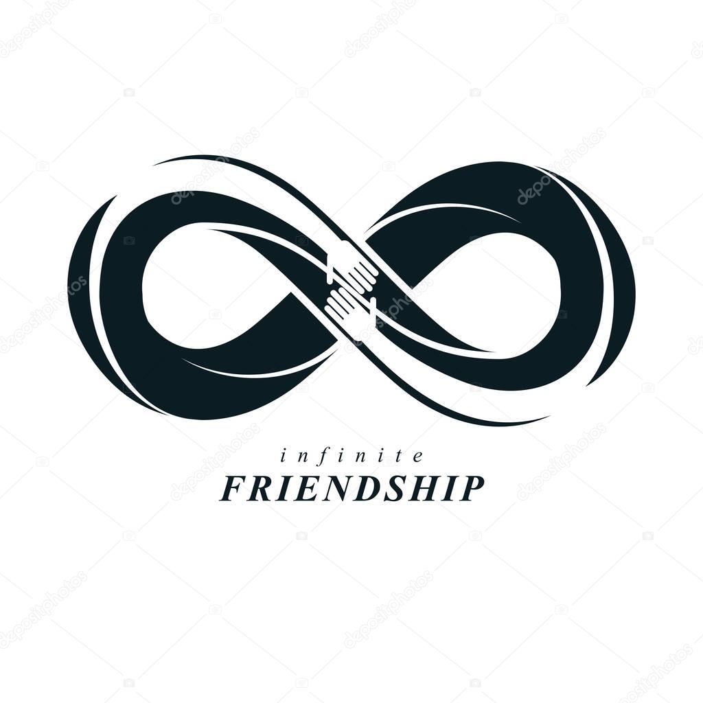 Friends Forever, everlasting friendship concept, vector logo with symbols of eternity loop and human hands