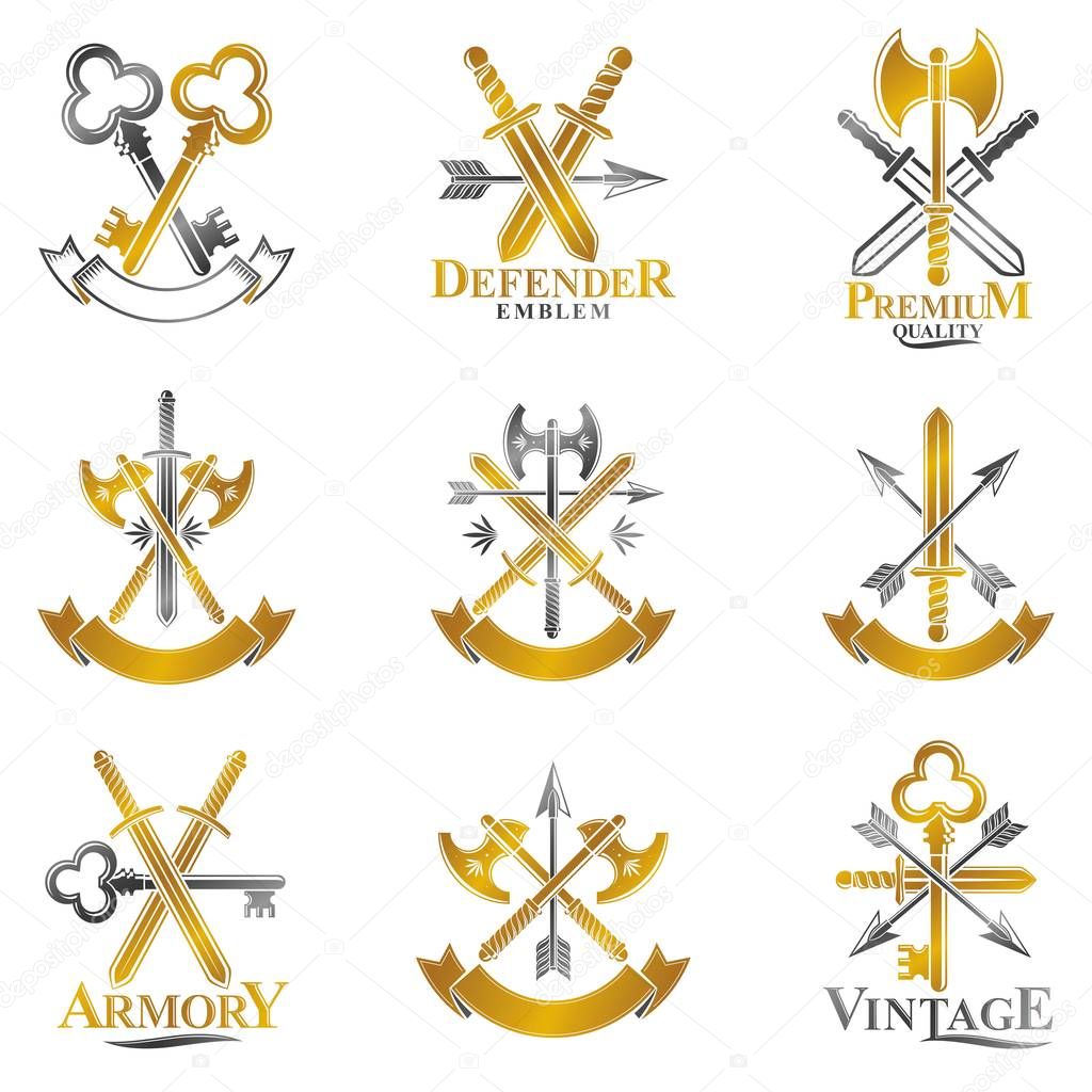 Vintage Weapons Emblems set. Heraldic vintage elements collection, vector illustration