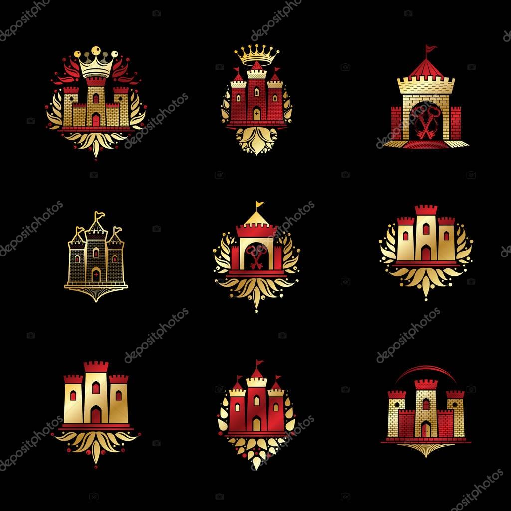 Ancient Fortresses emblems set. Heraldic Coat of Arms, vintage vector logos collection.