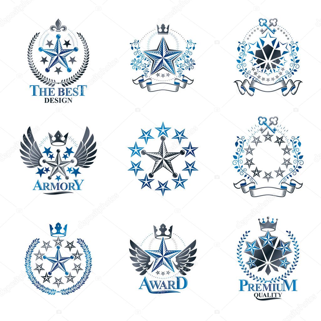 Stars emblems set. Heraldic Coat of Arms decorative logos isolated vector illustrations collection.