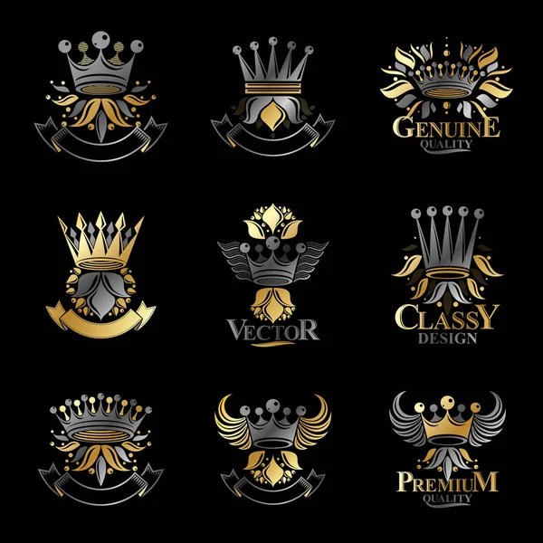 Ancient Crowns emblems set — Stock Vector