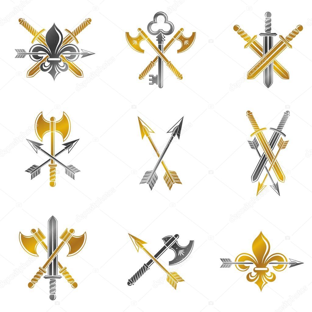 Vintage Weapon Emblems set. Heraldic coat of arms decorative emblems collection.