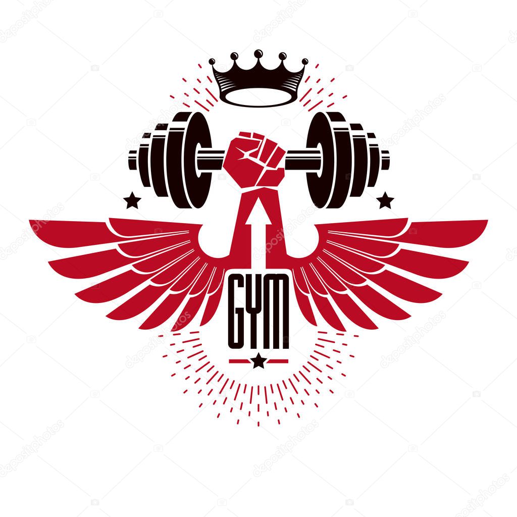 Bodybuilding weightlifting gym logotype sport club, retro stylized vector emblem or badge with wings. With barbell and strong hand fist.