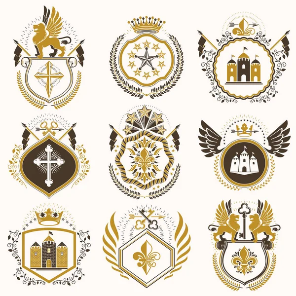 Collection of heraldic decorative coat of arms — Stock Vector