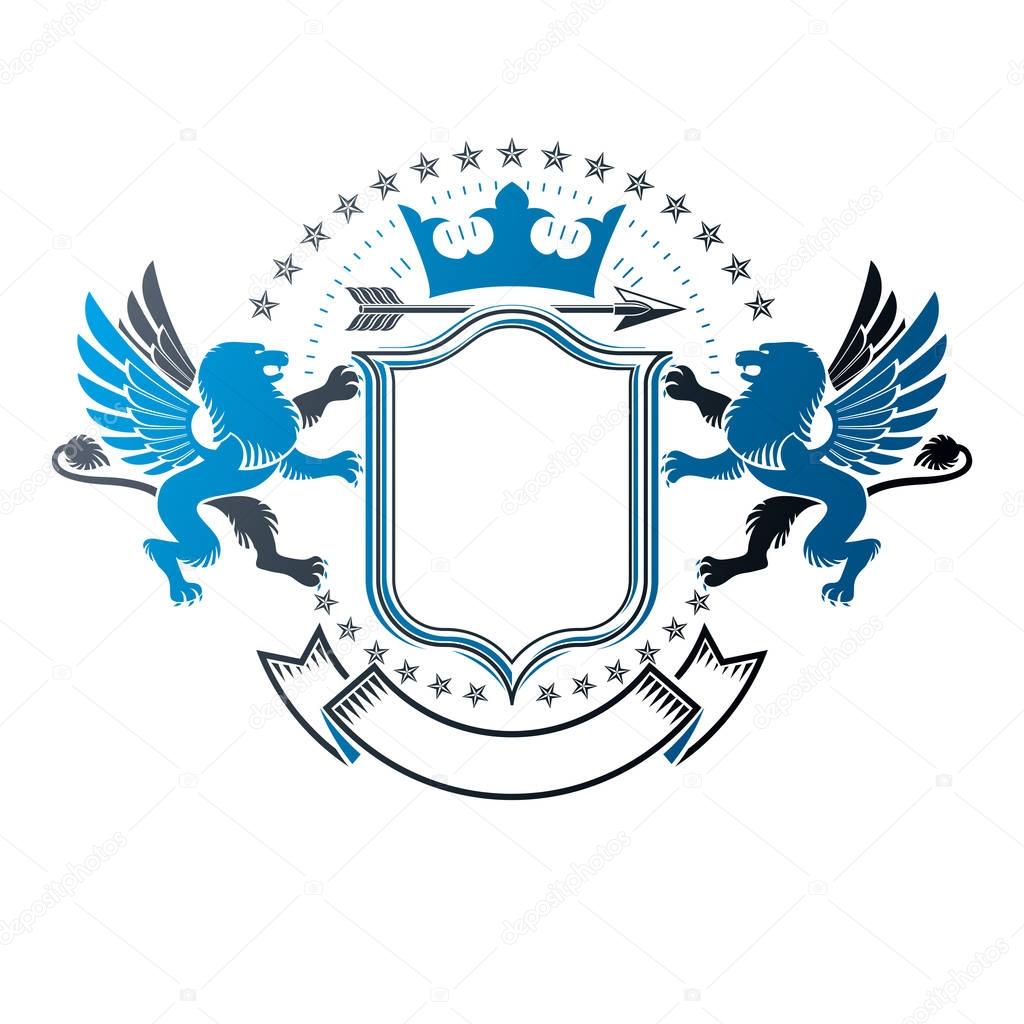 Graphic emblem composed with Brave Lion King, monarch crown and beautiful ribbon. Heraldic Coat of Arms decorative logo isolated vector illustration.