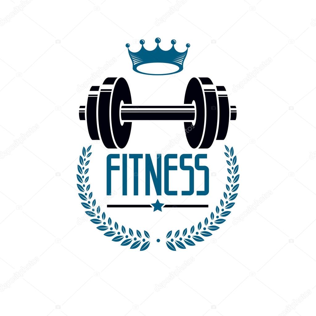 Bodybuilding weightlifting gym logotype sport template, retro style vector emblem. With barbell.