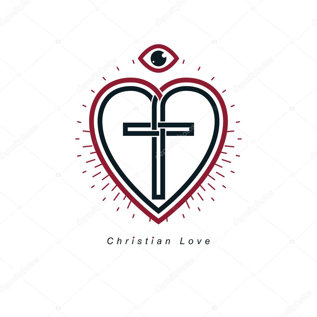 Christian Love and True Belief in God vector creative symbol design, combined with Christian Cross and heart, vector logo or sign.