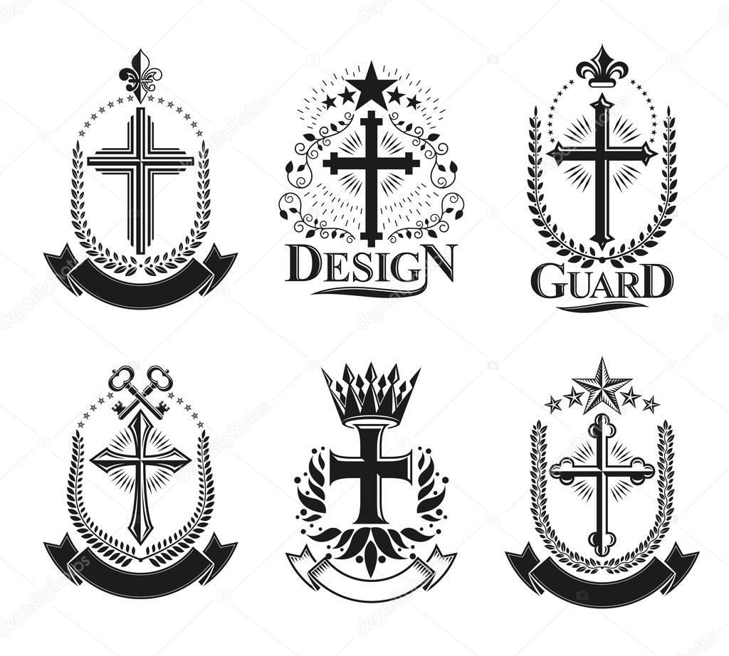 Crosses of Christianity emblems set. Heraldic vector design elements collection. Heraldic Coat of Arms decorative logos