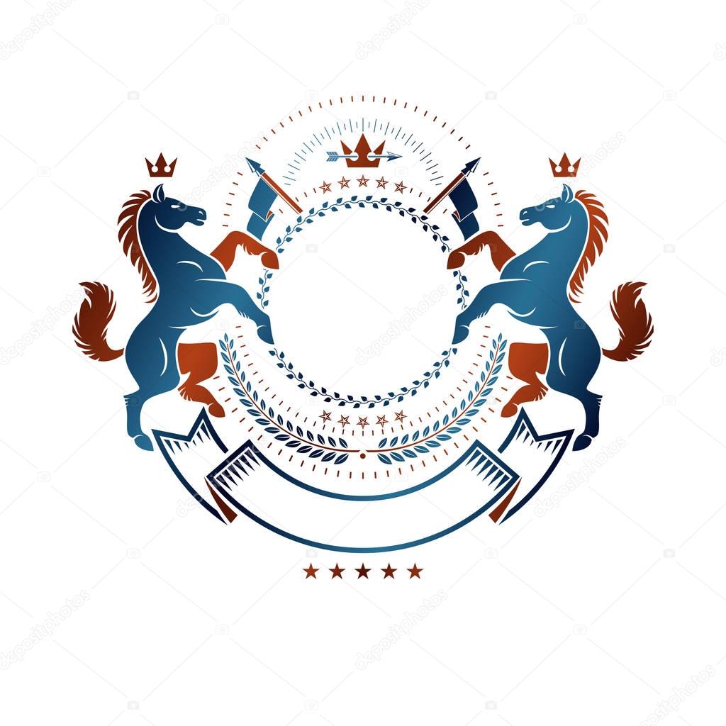 Graphic symbol created using wild horse animal element, luxury ribbon and imperial crown. Heraldic vector design element. Retro style label, heraldry logo.