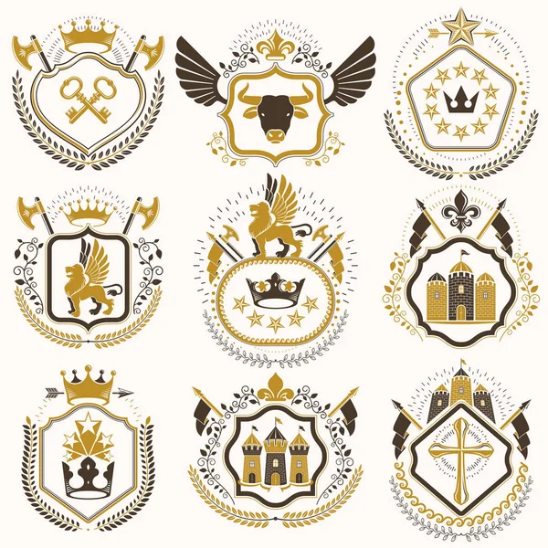 Gyűjteménye a dekoratív címer heraldikai leírása — Stock Vector