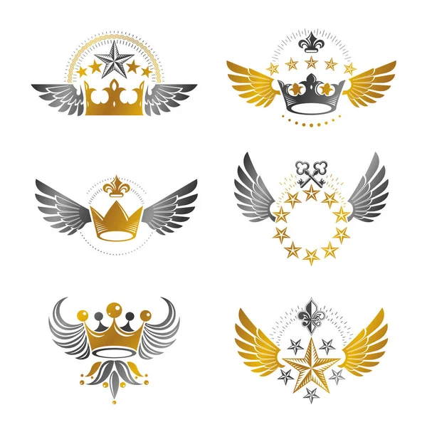 Imperial Crowns en Vintage sterren emblemen instellen. — Stockvector