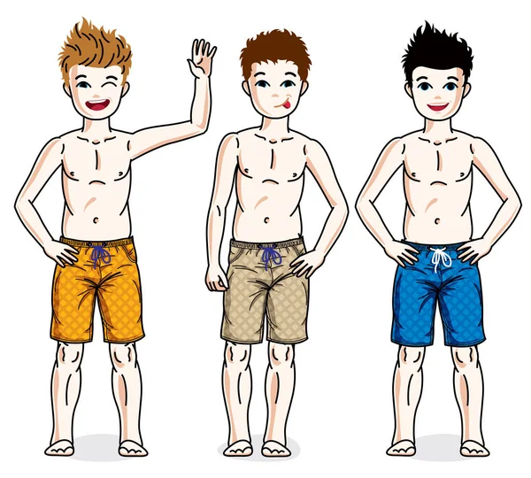 Niños pequeños con pantalones cortos de playa . — Vector de stock