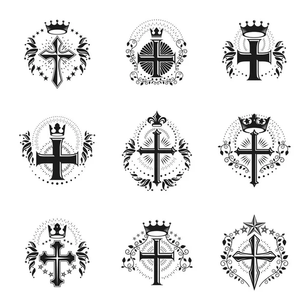 Conjunto de cruces de emblemas del cristianismo — Vector de stock