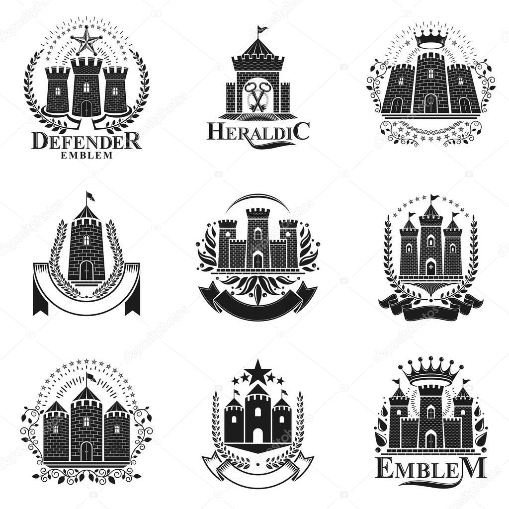 Ancient Castles emblems set. Heraldic Coat of Arms decorative logos isolated vector illustrations collection
