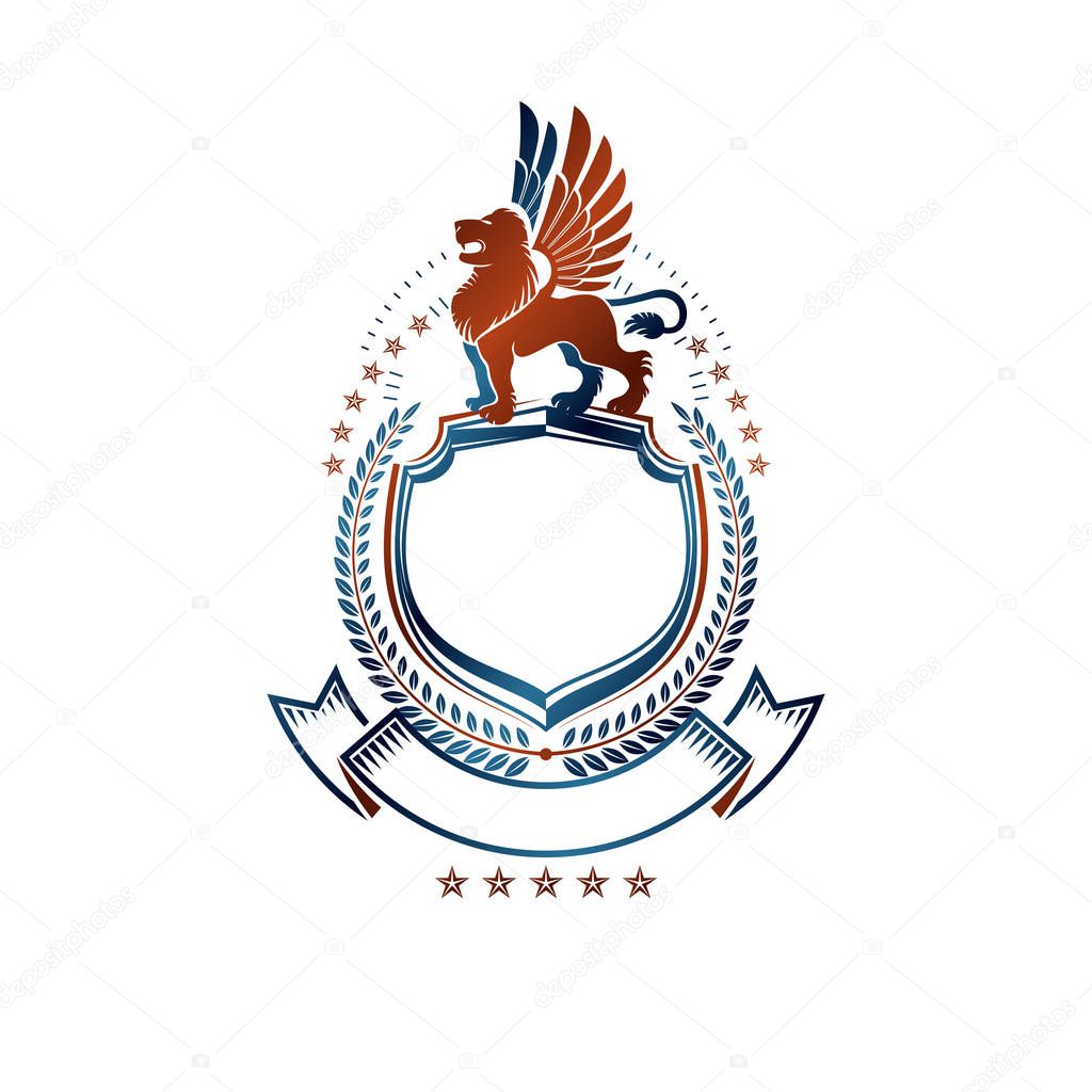 Graphic emblem with Brave Lion King, pentagonal stars and ribbon. Heraldic Coat of Arms decorative logo isolated vector illustration.
