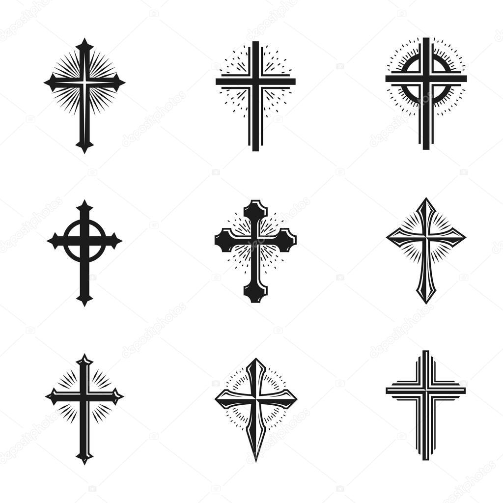 Crosses of Christianity emblems set. Heraldic vector design elements collection. Retro style labels, heraldry logos