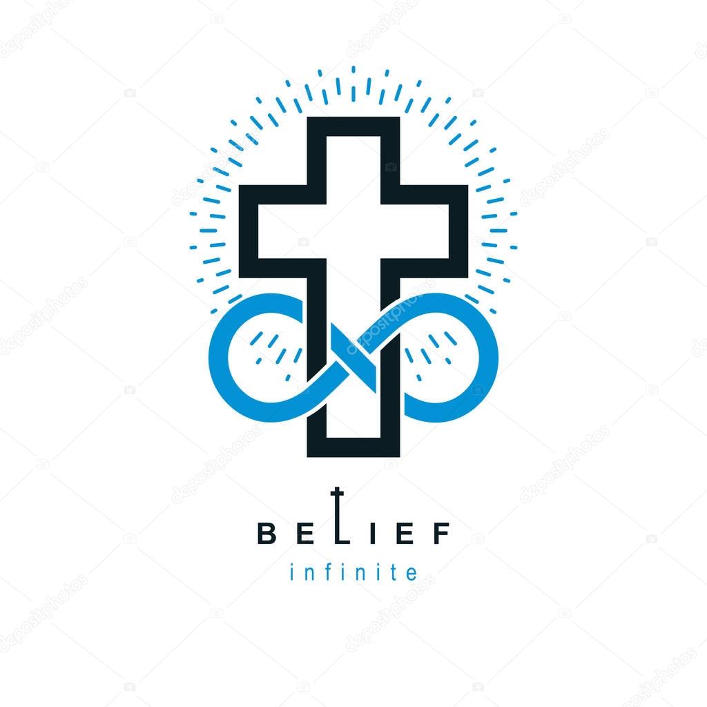 Immortal God conceptual symbol combined with infinity loop sign and Christian Cross, vector creative logo.
