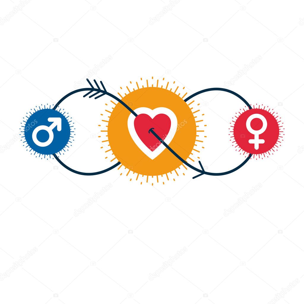 Love Couple conceptual logo, unique vector symbol. Male and Female, Mars and Venus signs. Interaction between loving people.