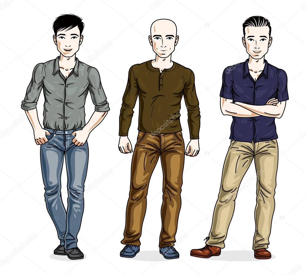 Happy men standing in stylish casual clothes