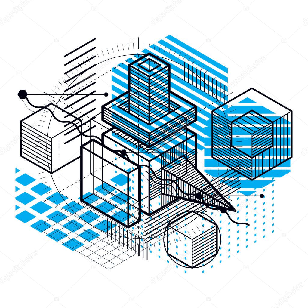 background with abstract isometric lines and figures.