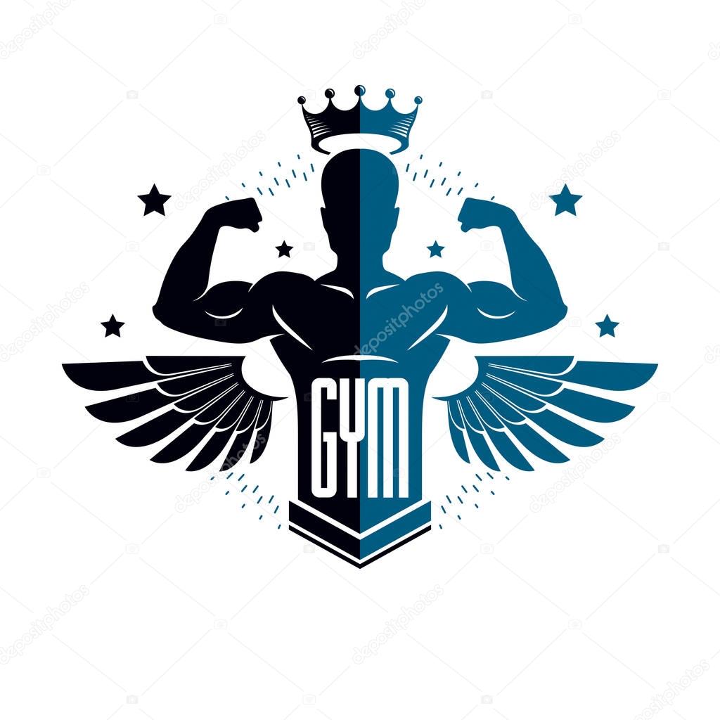 Fitness and heavyweight gym sport club logotype template, retro style vector emblem with wings. With sportsman silhouette