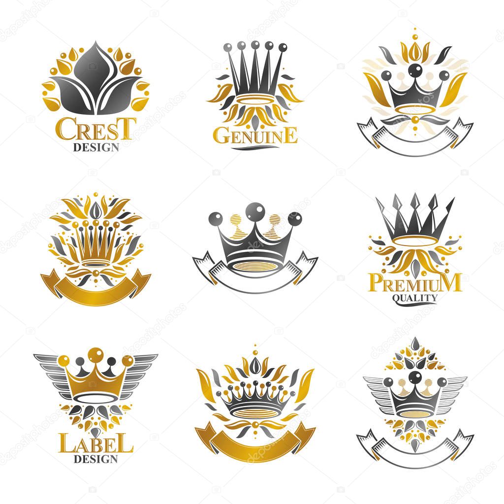 Ancient Crowns emblems set. Heraldic vector design elements collection. Retro style label, heraldry logos