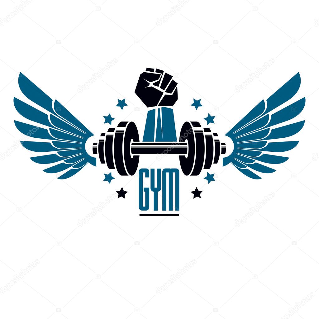 Sport logo for weightlifting gym and fitness club, vintage style vector emblem with wings. With barbell and strong hand fist.