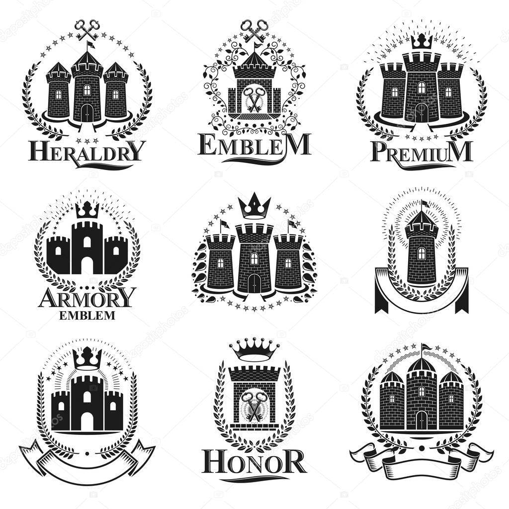 Ancient Castles emblems set. Heraldic Coat of Arms decorative logos isolated vector illustrations collection